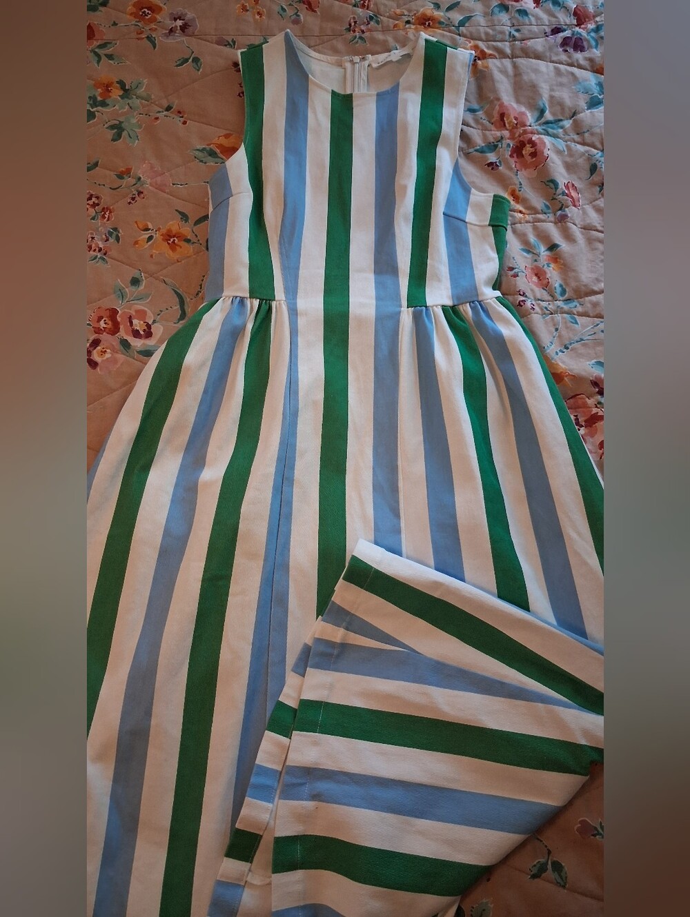 Sleeveless Striped Green & Blue Canvas Long Dress